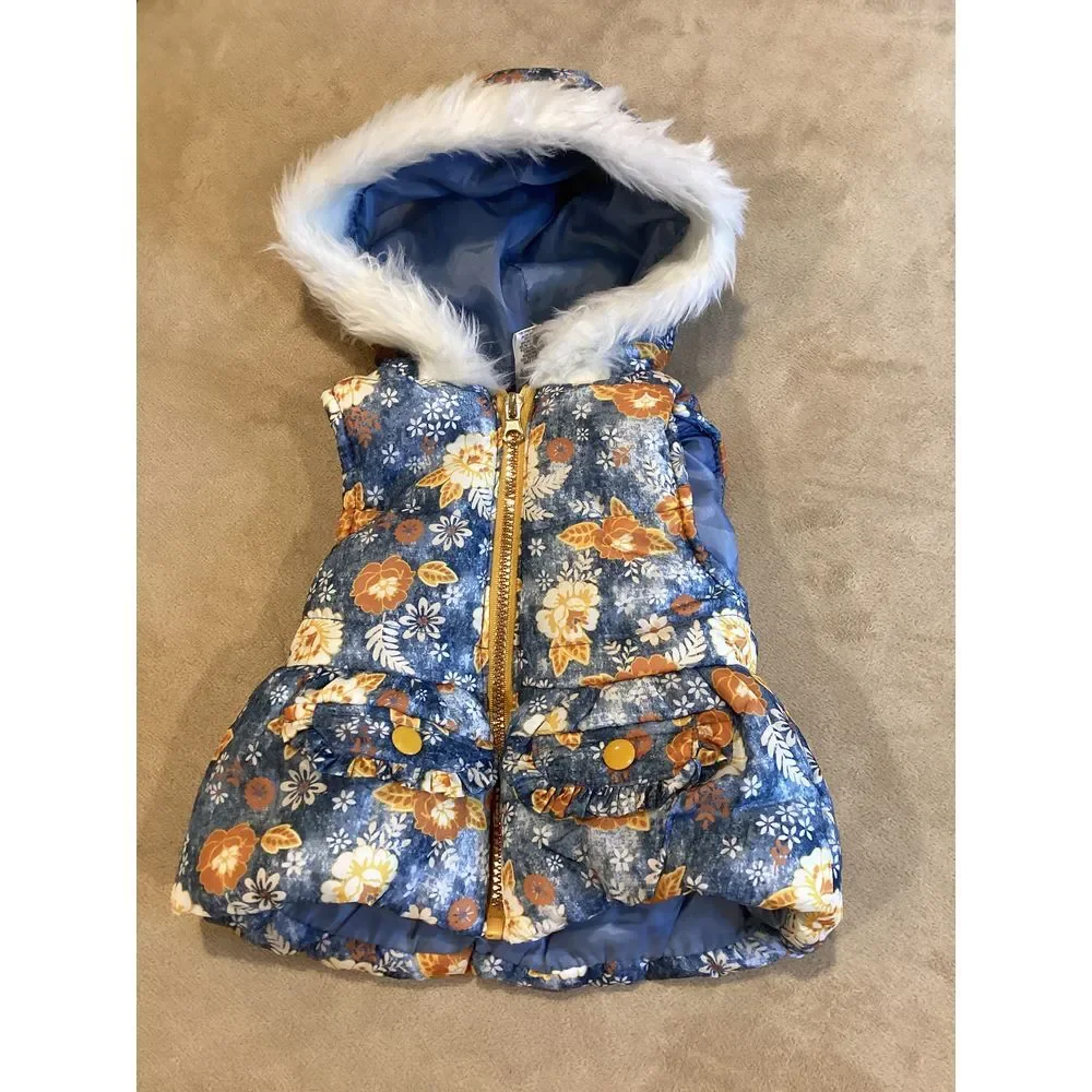 Little Lass Puffer Vest, Size 12 Months, blue with yellow, gold and white floral
